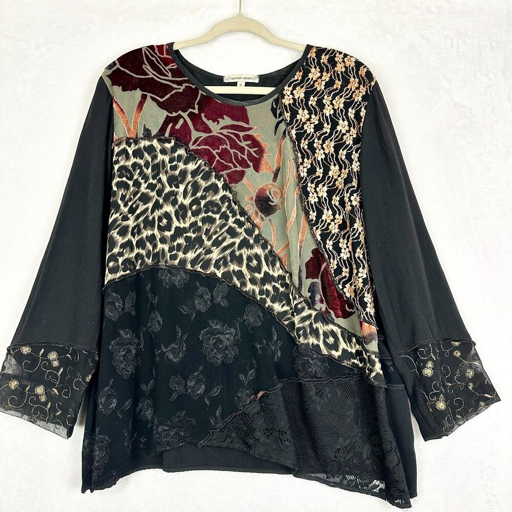 Spencer Alexis Vintage Patchwork Top Size 16 Velvet Burnout Floral Embroidered